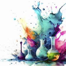 Science theme showing laboratory glassware in multicolored vibrant splashy ambiance. AI generated