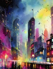 AI generated image showing the colorful illuminated impression of a big city at evening time,