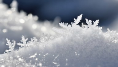 AI generated closeup image showing snow crystals in sunny ambiance