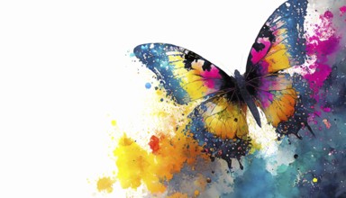 Beauty and animal theme showing a butterfly in multicolored vibrant splashy ambiance. AI generated