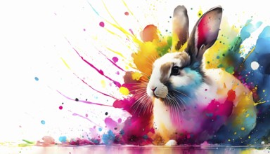 Pet and animal theme showing a rabbit in multicolored vibrant splashy ambiance. AI generated image