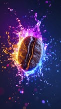 Coffee bean in flashy ambiance. AI illustration with light effects and liquid splashes, AI