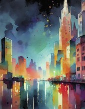 AI generated image showing the colorful waterside impression of a big city, watercolor style with