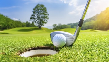 AI generated image showing a golf ball and golf club near hole closeup on a course in sunny