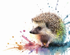 Animal and wildlife theme showing a hedgehog portrait in multicolored vibrant splashy ambiance. AI