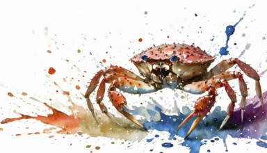 Animal and seafood theme showing a crab in multicolored vibrant splashy ambiance. AI generated