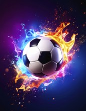 Football in flashy ambiance. AI illustration with light effects and fiery liquid splashes, AI