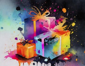 AI generated image showing some colorful presents, watercolor style with splashes and spots