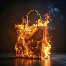 AI generated image showing a flaming shopping bag in dark ambiance