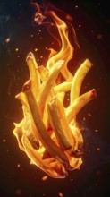 AI generated image showing flaming french fries in dark ambiance