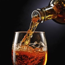 AI-generated close-up image showing a bottle from which a clear drink is poured into a glass, AI