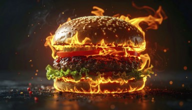 AI generated image showing a hot flaming burger in dark ambiance