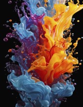 AI generated image showing vibrant splashing colors merging into each other in dark back