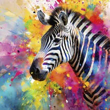 Wildlife and animal theme showing a zebra portrait in multicolored vibrant splashy ambiance. AI