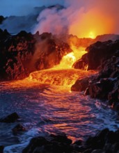 AI generated image showing flowing and glowing lava in rocky coastal dark ambiance
