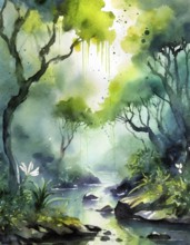 AI generated image showing a dense jungle scenery including a small river, watercolor style with