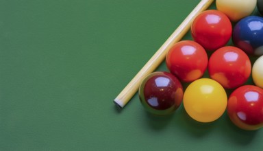 AI generated image showing a billiards table closeup with balls and cue