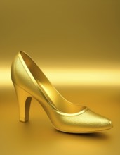 AI generated image showing a golden high-heeled shoe in golden ambiance