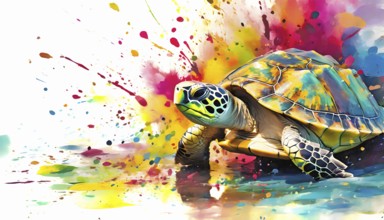 Animal and wildlife theme showing a sea turtle in multicolored vibrant splashy ambiance. AI