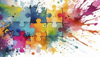 Matching theme showing puzzle pieces in multicolored vibrant splashy ambiance. AI generated image