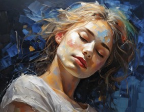 AI generated image showing the portrait of a painted young woman while dreaming with closed eyes