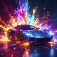 Flashy racing car in multicolored vibrant splashy ambiance. AI generated image with lots of fiery