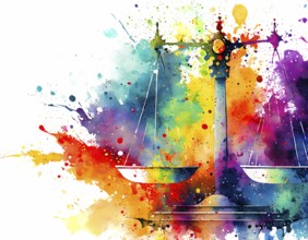 Justice and equity theme showing a weighing scale in multicolored vibrant splashy ambiance. AI