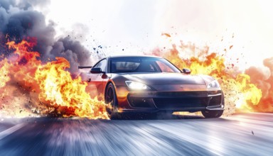 Ai generated image showing a driving sports car surrounded by fire and smoke in smoky ambiance