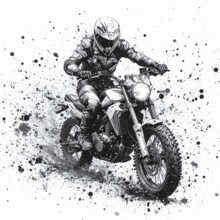AI generated sketch of a motorcyclist in racing ambiance, with splashes, splatter and spots