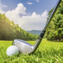 AI generated image showing a golf ball and golf club closeup on a course in sunny ambiance