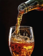 AI-generated close-up image showing a bottle from which a clear drink is poured into a glass, AI