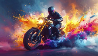 Ai generated image showing a driving motorcyclist on the road. AI illustration with light effects