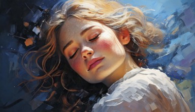AI generated image showing the portrait of a painted young woman while dreaming with closed eyes