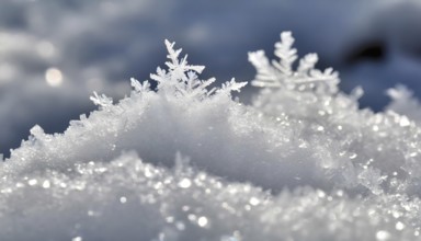 AI generated closeup image showing snow crystals in sunny ambiance