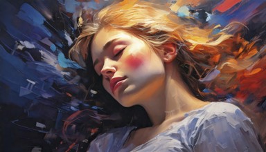 AI generated image showing the portrait of a painted young woman while dreaming with closed eyes