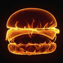 AI generated image showing a hot flaming burger in dark ambiance