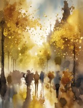 AI generated urban theme showing a street autumn scenery with lots of people in multicolored