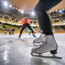 AI generated image showing legs with ice skates in an ice pavilion ambiance