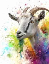 Animal and farming theme showing a goat portrait in multicolored vibrant splashy ambiance. AI