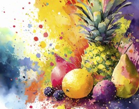 Food theme showing various fruits in multicolored vibrant splashy ambiance. AI generated image with