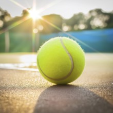 AI generated image showing a tennis ball closeup in sunny court ambiance