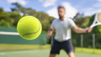 AI generated image showing a flying tennis ball closeup and player in court ambiance