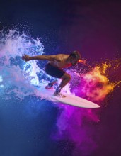 Surfing theme showing a surfer in multicolored vibrant splashy ambiance. AI generated image with