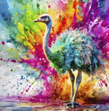 Animal and wildlife theme showing an ostrich in multicolored vibrant splashy ambiance. AI generated