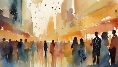 AI generated image showing a bright illuminated downtown party, watercolor style with splashes and