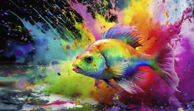 Wildlife and animal theme showing a tropical fish in multicolored vibrant splashy ambiance. AI