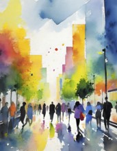 AI generated lifestyle theme showing an urban street scenery with lots of people in multicolored