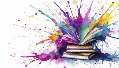 Books and reading theme showing some books in multicolored vibrant splashy ambiance. AI generated