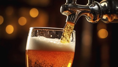 AI generated closeup image showing a beer tap while pouring beer in a glass