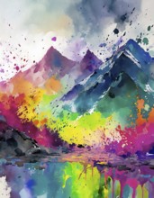 Nature and traveling theme showing a mountain range in multicolored vibrant splashy ambiance. AI